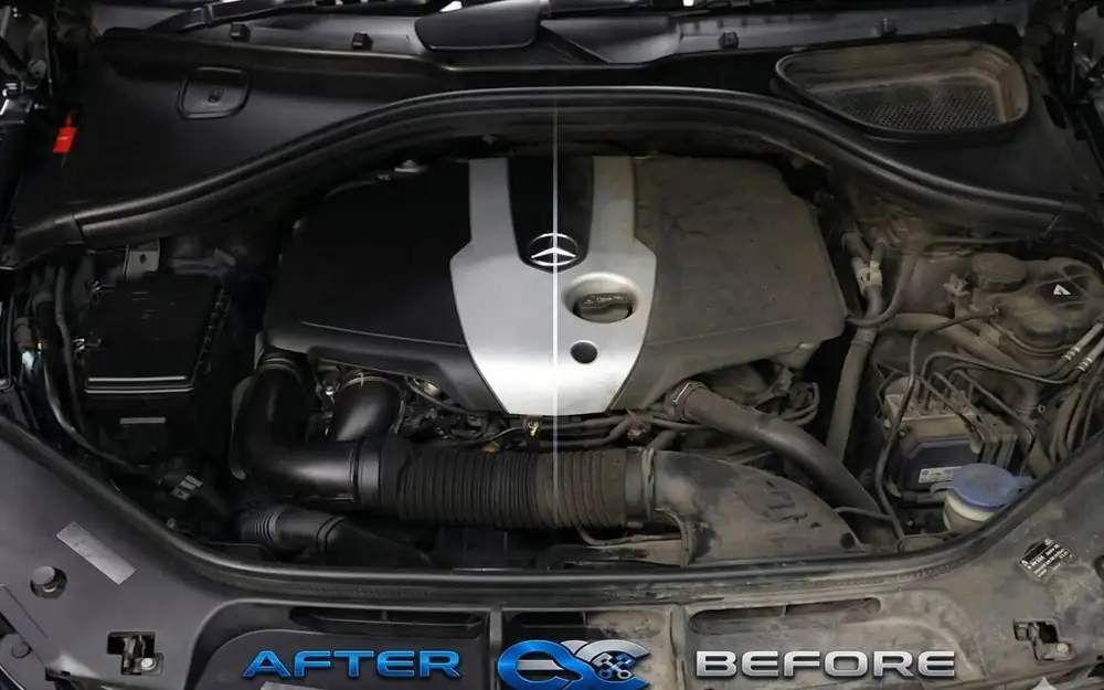 Engine bay before and after steam cleaning
